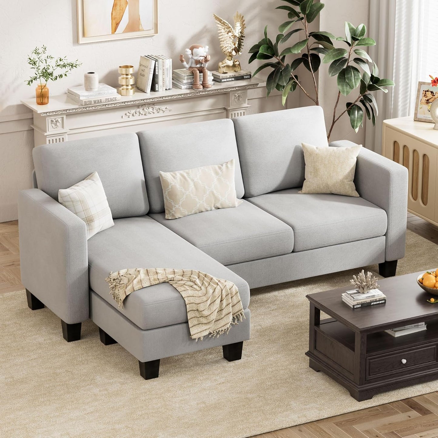 VICTONE Convertible Sectional Sofa Couch, 3 Seat L-Shaped Sofa with Linen Fabric Ottoman Small Couch for Small Apartments, Living Room and Office (Linen Fabric, Dark Gray)