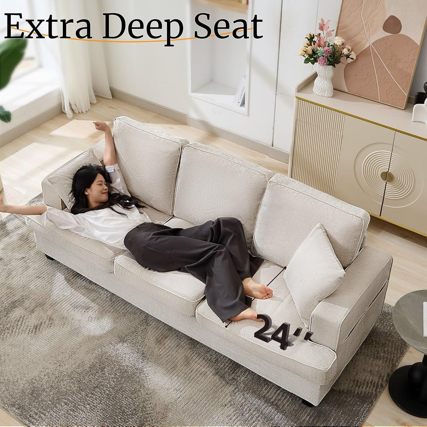 89" Couch Sofa for Living Room, Modern Sofa Loveseat with Comfy Extra Deep Seat, Comfortable Sofa Mid-Century 3-Seater Couch for Bedroom Office Home Apartment Lounge, Beige