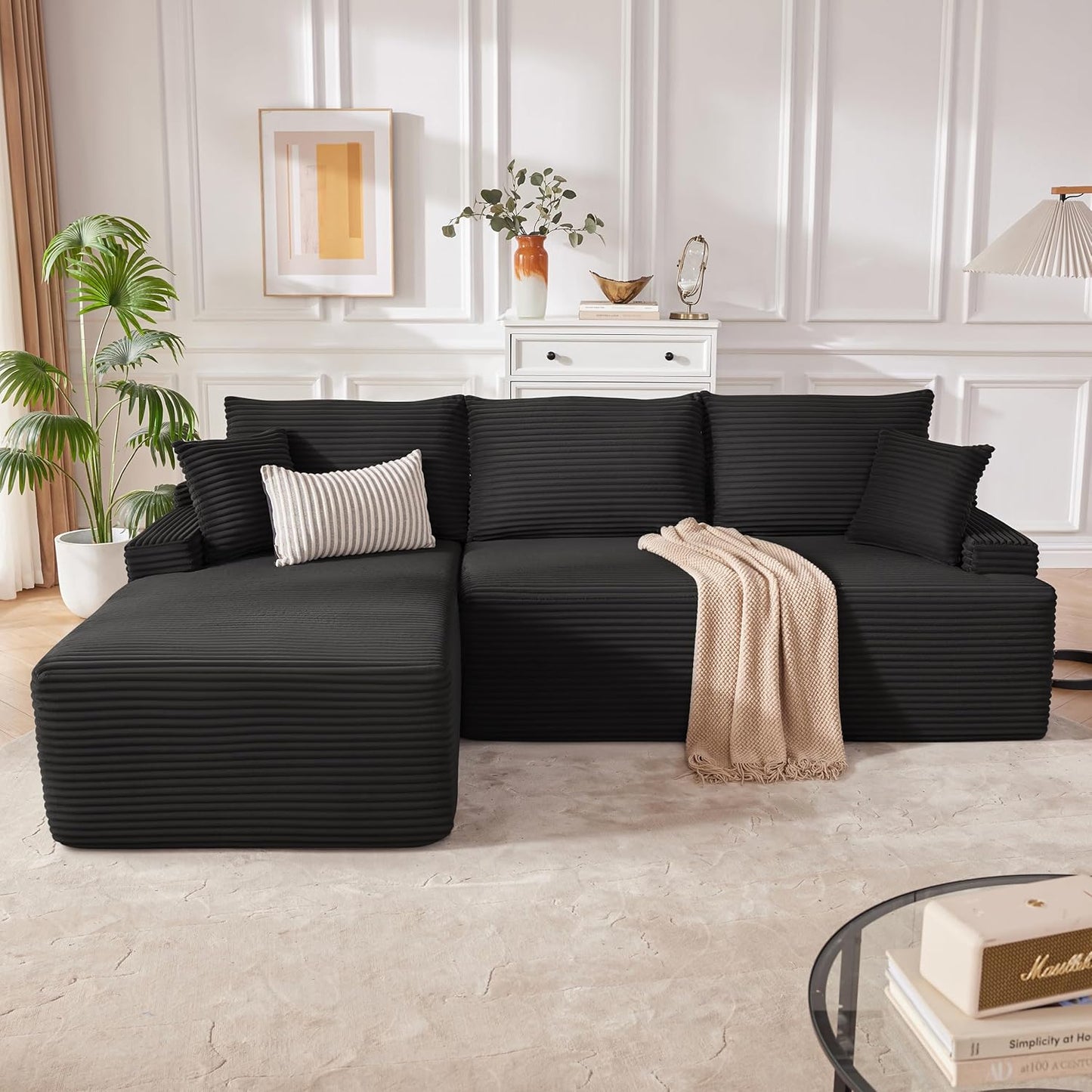 110” Cloud Sectional Couch, Boneless Sofa for Living Room, Modular Sectional Sofa with Deep Seat, Comfy Fluffy Couch with L-Shaped Chaise, No Assembly Required (Left-Facing Chaise, Dark Grey)
