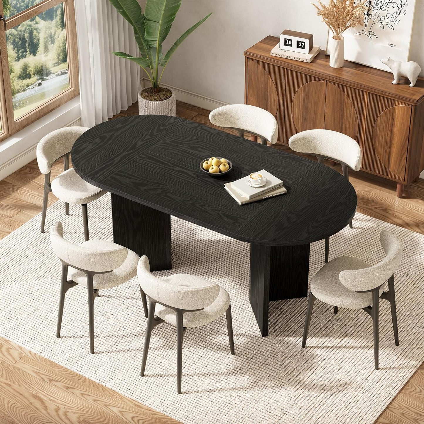LITTLE TREE 63" Rustic Oval Dining Table for 4-6, Sturdy MDF Farmhouse Kitchen Table with Metal Strip Base, for Living Room, Office, Restaurant, Multi-Use, Umber