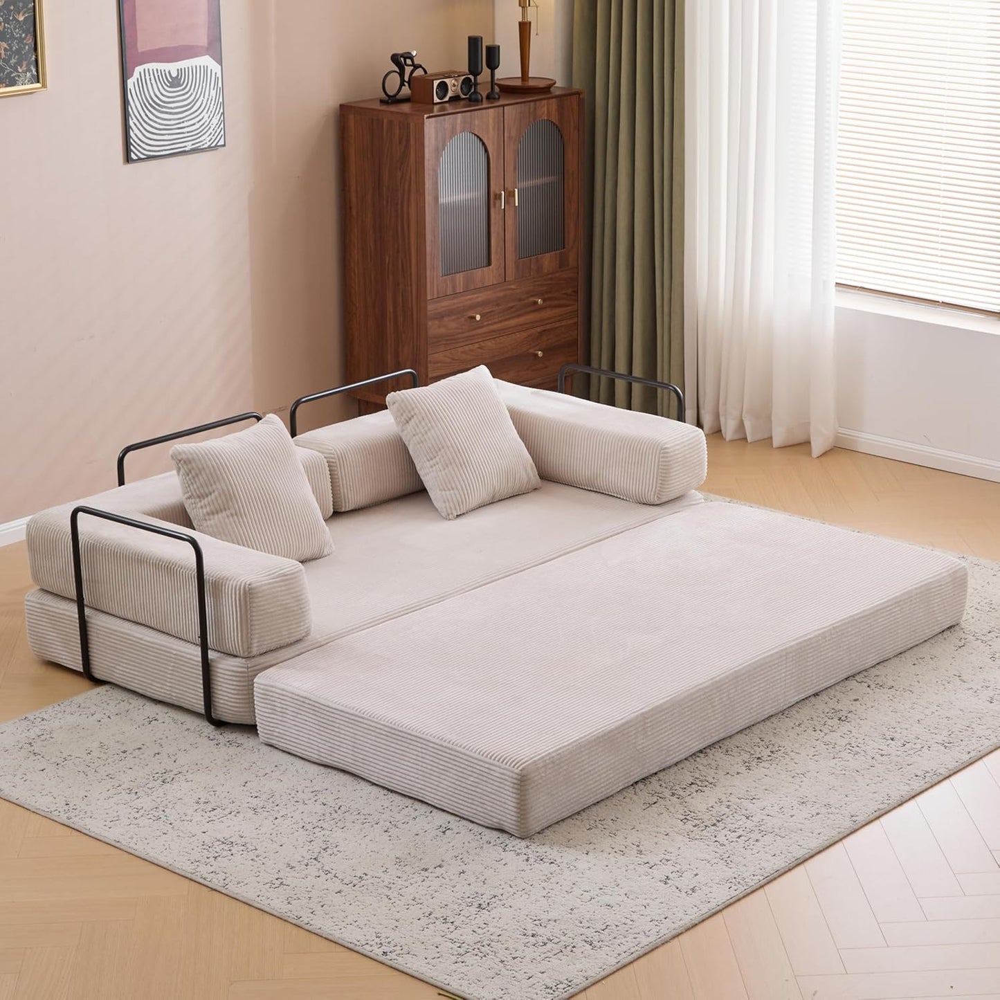 Convertible Sleeper Sofa Bed with Cylindrical Pillow, Corduroy Folding Mattress Couch with Fixed-Shape Frame, Floor Sofa Lounge Couch for Living Room Bedroom Lounge Studio-Green