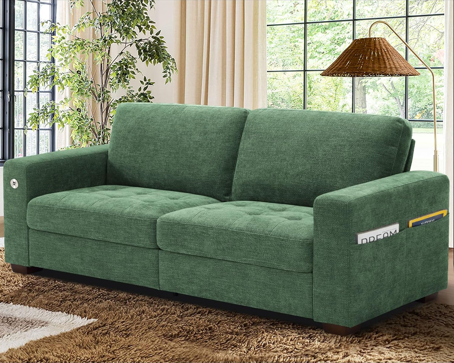 Sofas for Living Room, Chenille Loveseat Couch Set, Small Sofa, 3 Seater Sofa, USB Charging, Removable Sofa Cover,Solid Wood Frame, Easy to Install(89inch,Brown)