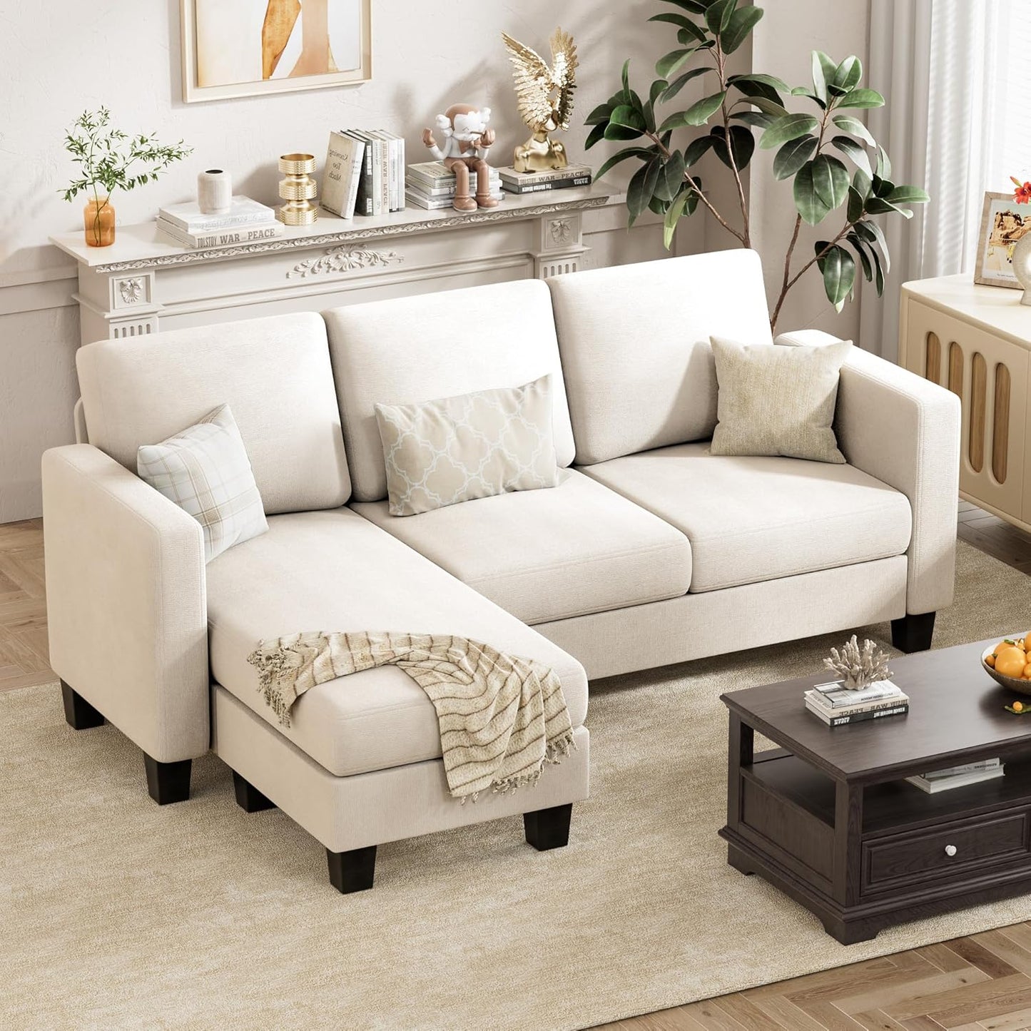 VICTONE Convertible Sectional Sofa Couch, 3 Seat L-Shaped Sofa with Linen Fabric Ottoman Small Couch for Small Apartments, Living Room and Office (Linen Fabric, Dark Gray)