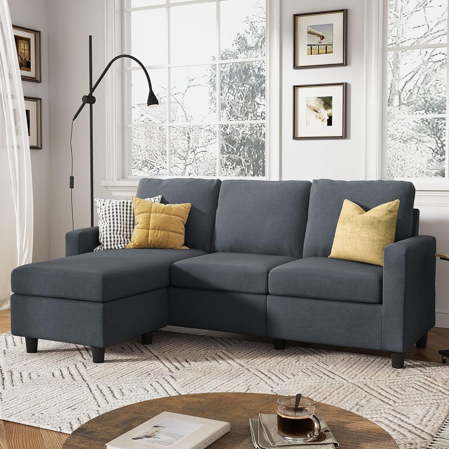 HONBAY L Shaped Couch with Linen Fabric,Convertible, Reversible Sectional Sofa for Small Space, Dark Beige