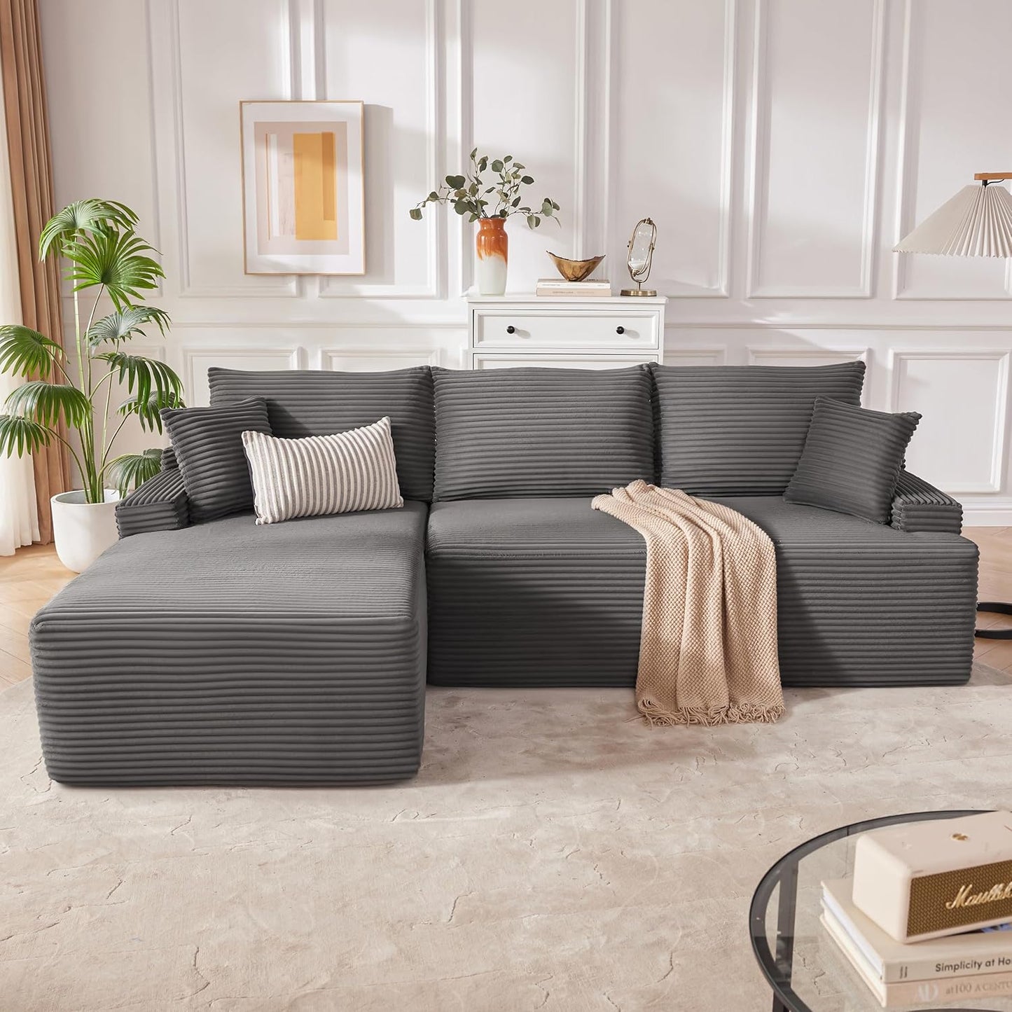 110” Cloud Sectional Couch, Boneless Sofa for Living Room, Modular Sectional Sofa with Deep Seat, Comfy Fluffy Couch with L-Shaped Chaise, No Assembly Required (Left-Facing Chaise, Dark Grey)