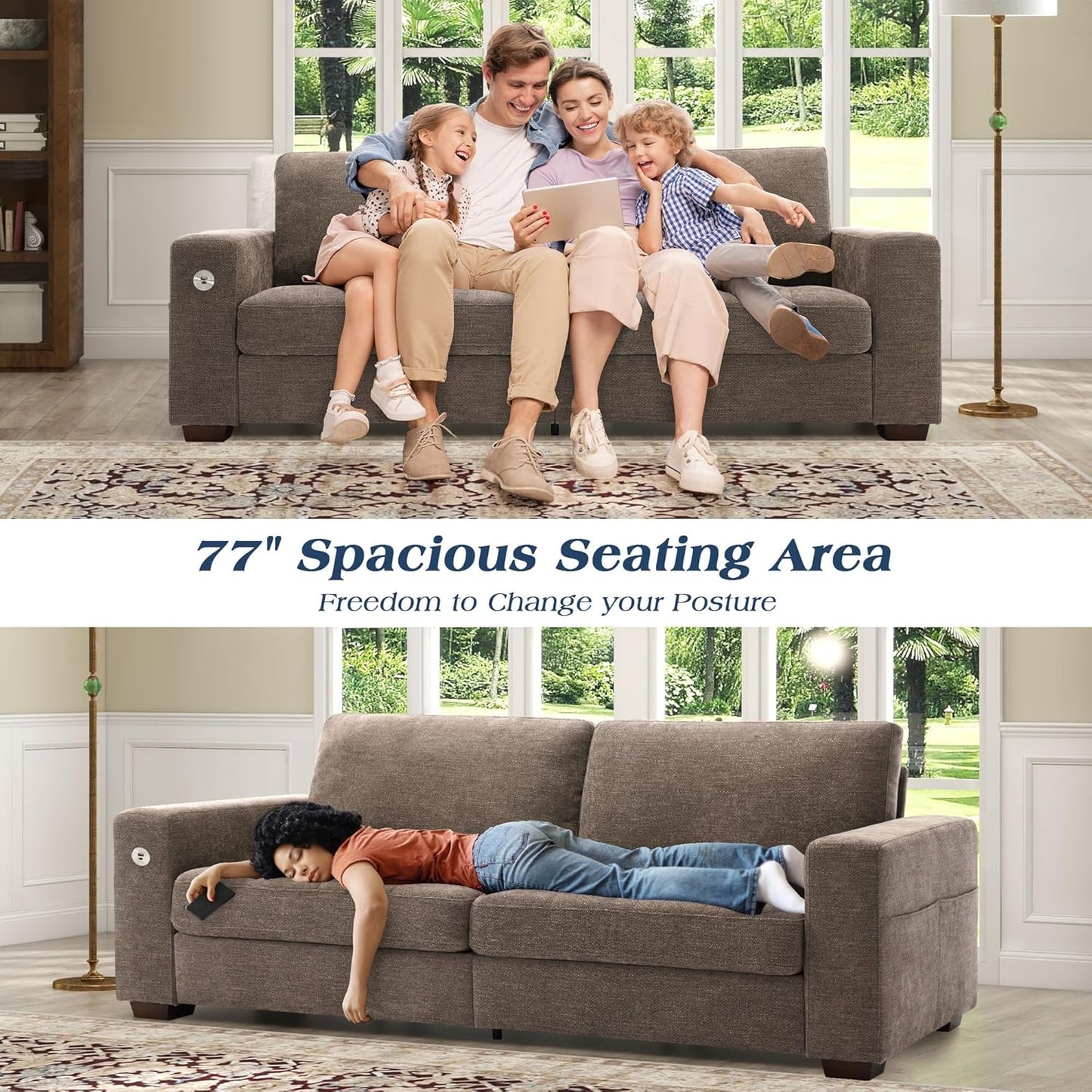Sofas for Living Room, Chenille Loveseat Couch Set, Small Sofa, 3 Seater Sofa, USB Charging, Removable Sofa Cover,Solid Wood Frame, Easy to Install(89inch,Brown)