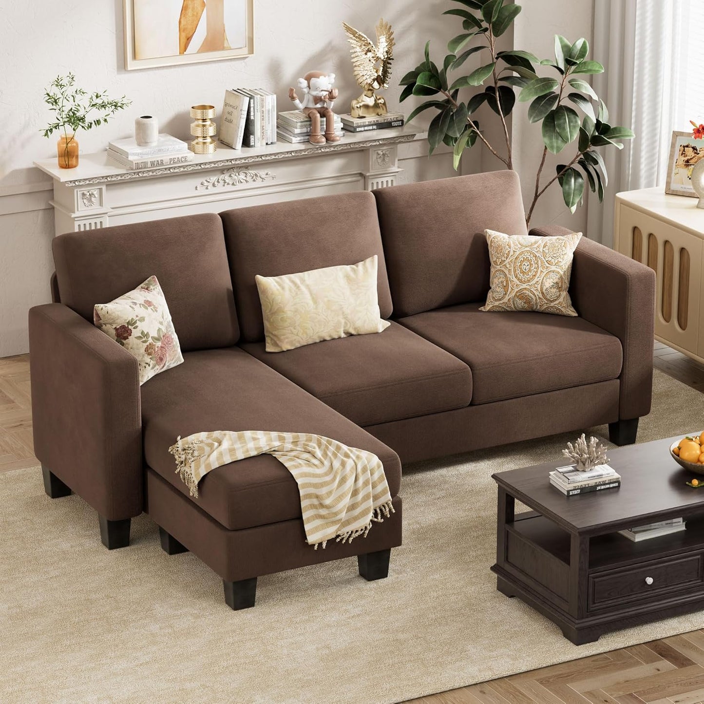 VICTONE Convertible Sectional Sofa Couch, 3 Seat L-Shaped Sofa with Linen Fabric Ottoman Small Couch for Small Apartments, Living Room and Office (Linen Fabric, Dark Gray)