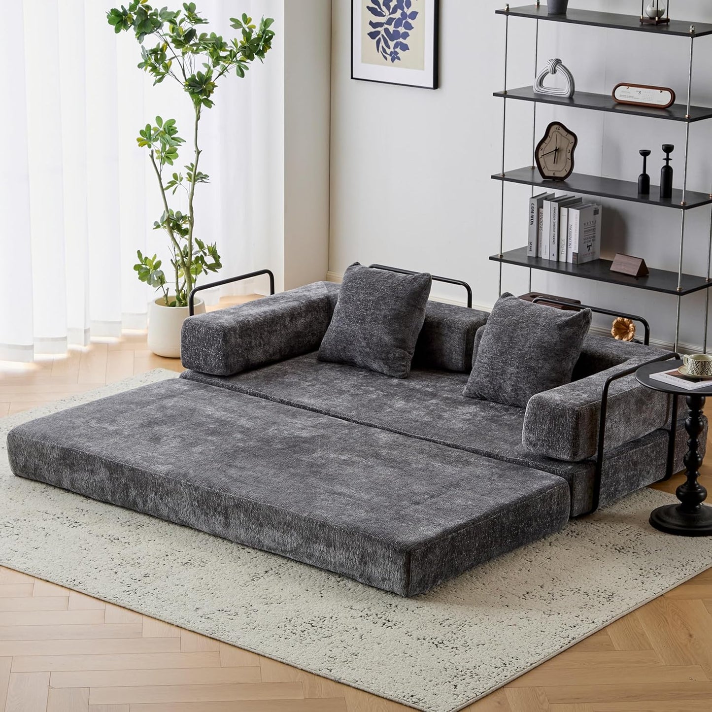 Convertible Sleeper Sofa Bed with Cylindrical Pillow, Corduroy Folding Mattress Couch with Fixed-Shape Frame, Floor Sofa Lounge Couch for Living Room Bedroom Lounge Studio-Green