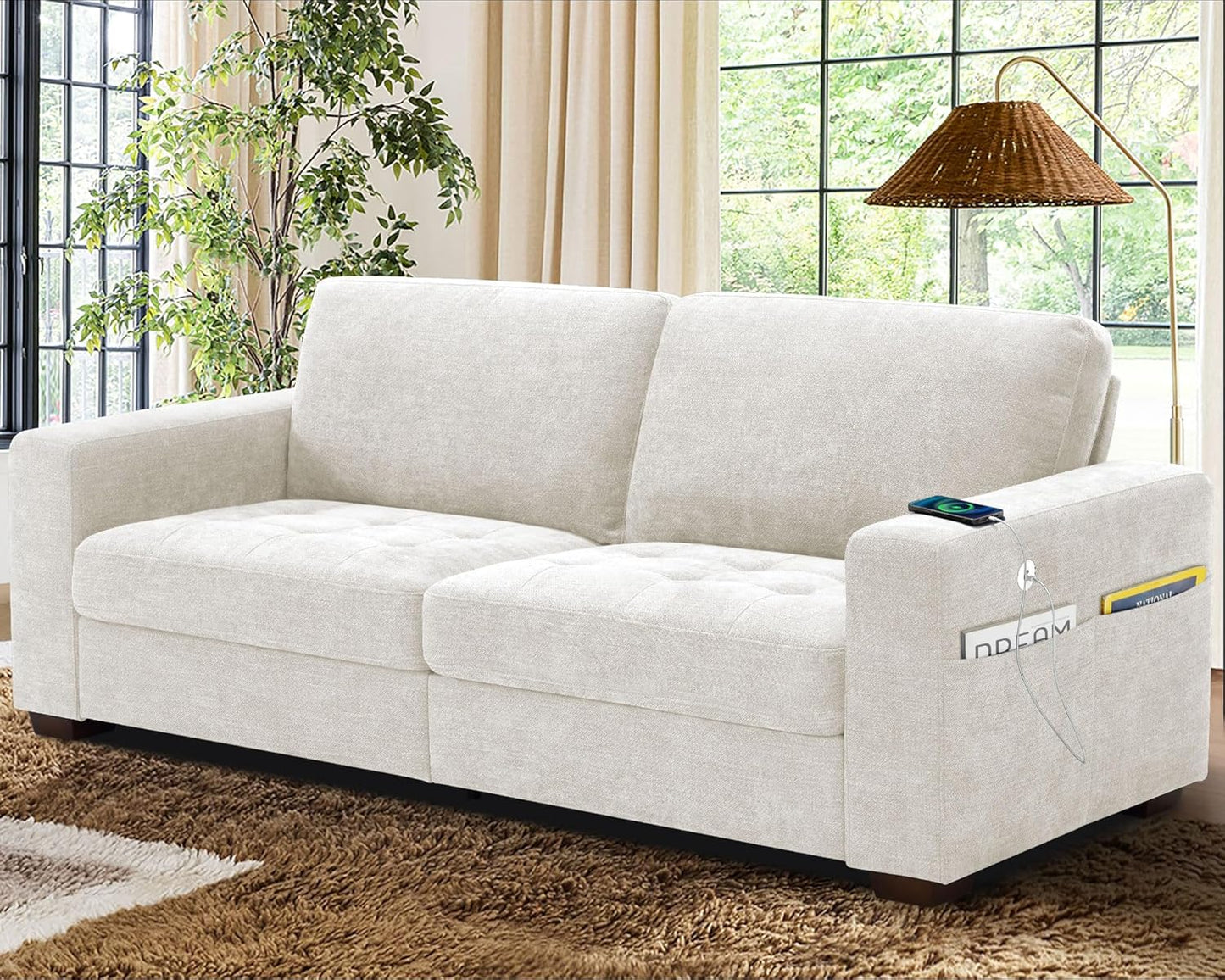 Sofas for Living Room, Chenille Loveseat Couch Set, Small Sofa, 3 Seater Sofa, USB Charging, Removable Sofa Cover,Solid Wood Frame, Easy to Install(89inch,Brown)