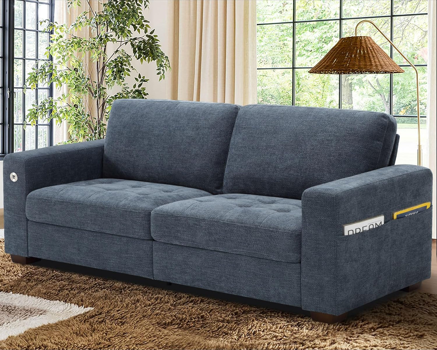 Sofas for Living Room, Chenille Loveseat Couch Set, Small Sofa, 3 Seater Sofa, USB Charging, Removable Sofa Cover,Solid Wood Frame, Easy to Install(89inch,Brown)
