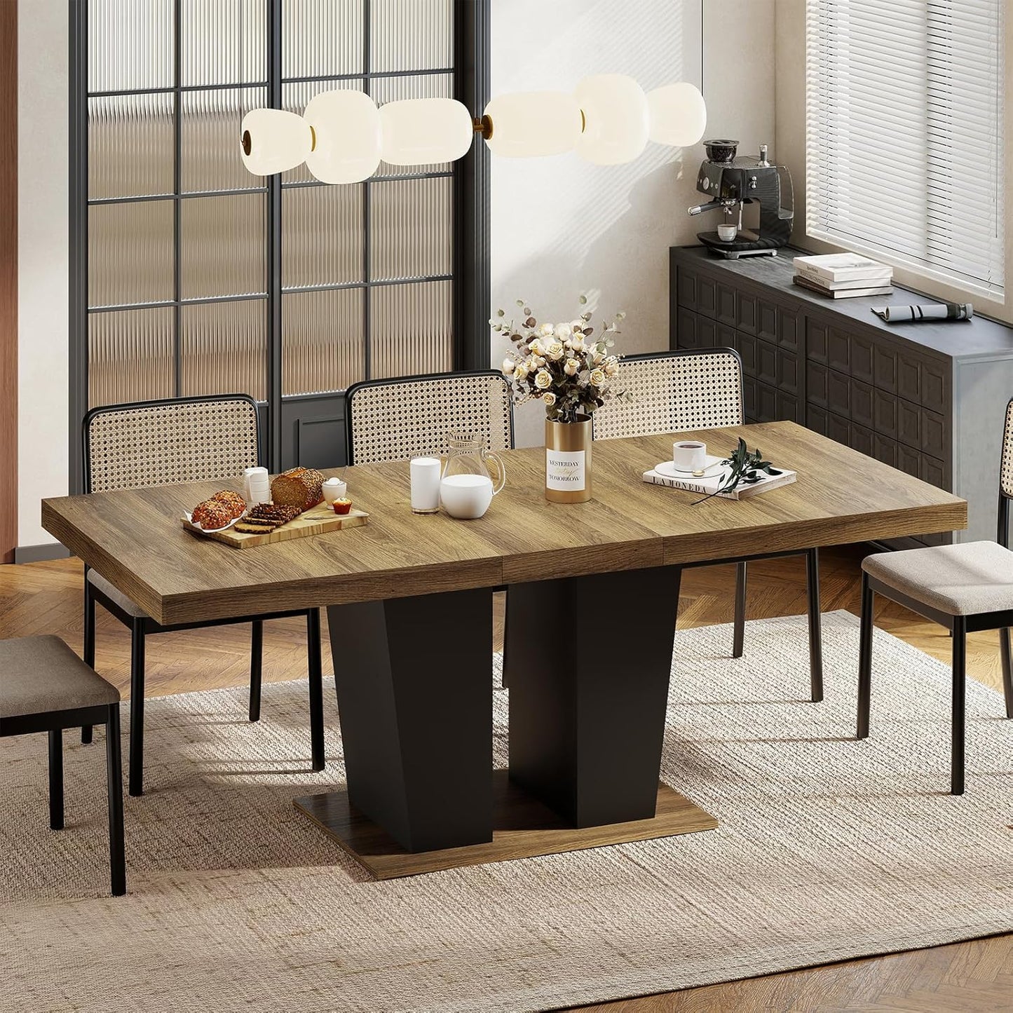 63"-78.7" Expandable Dining Table, 6-10 Farmhouse Kitchen Table, Extendable Dining Table, Rectangular Kitchen Table with Metal Track, Tapered U-Shaped Legs for Dining Room, Office-Oak