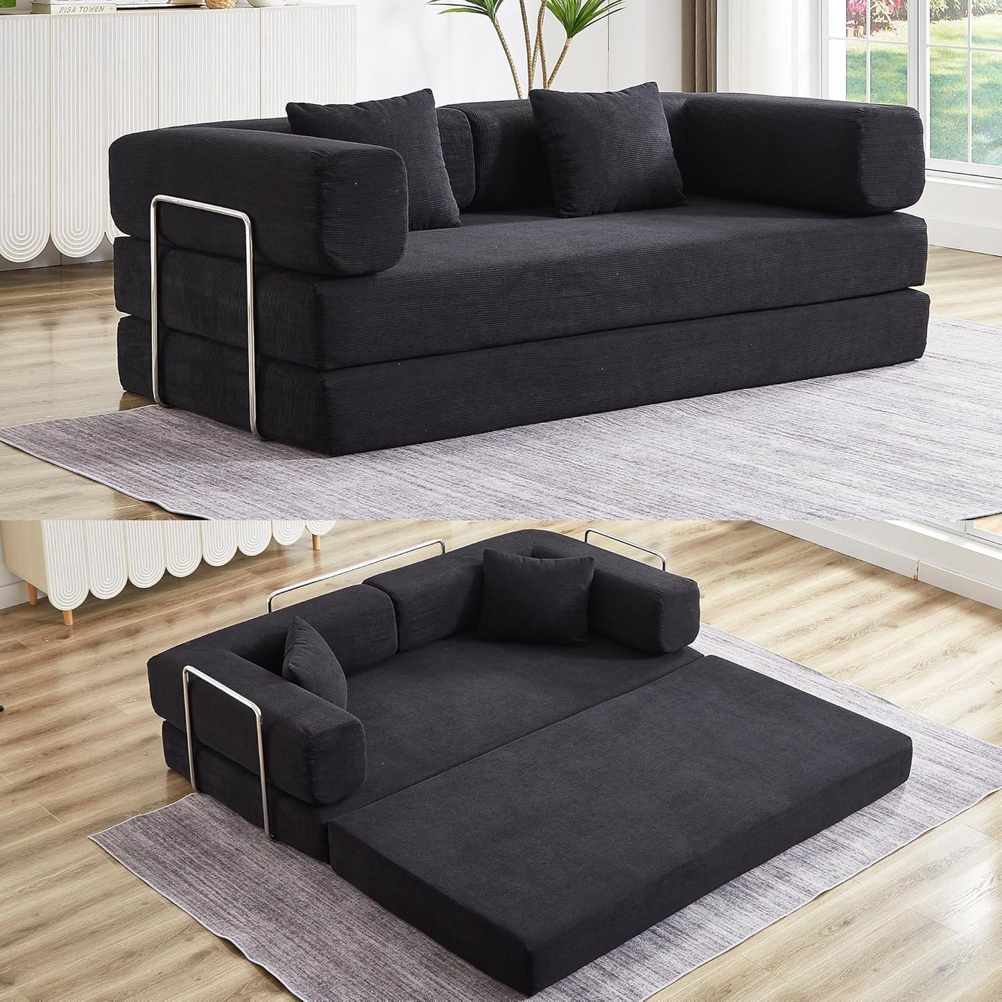 Convertible Sleeper Sofa Bed with Cylindrical Pillow, Corduroy Folding Mattress Couch with Fixed-Shape Frame, Floor Sofa Lounge Couch for Living Room Bedroom Lounge Studio-Green