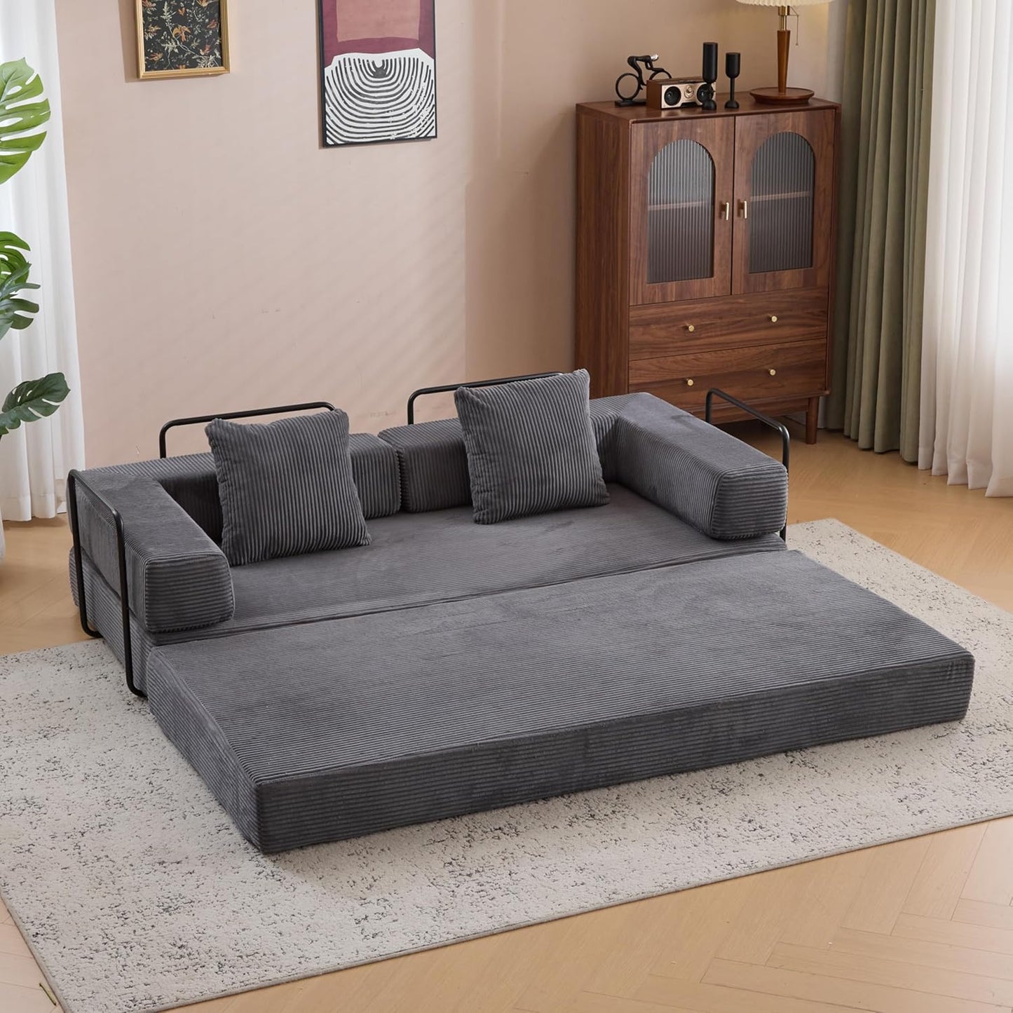 Convertible Sleeper Sofa Bed with Cylindrical Pillow, Corduroy Folding Mattress Couch with Fixed-Shape Frame, Floor Sofa Lounge Couch for Living Room Bedroom Lounge Studio-Green