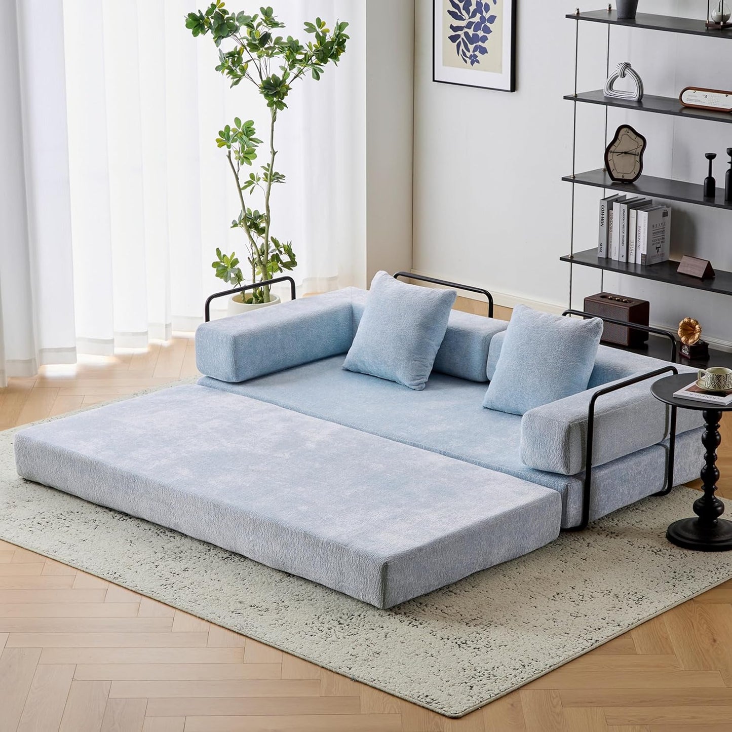 Convertible Sleeper Sofa Bed with Cylindrical Pillow, Corduroy Folding Mattress Couch with Fixed-Shape Frame, Floor Sofa Lounge Couch for Living Room Bedroom Lounge Studio-Green