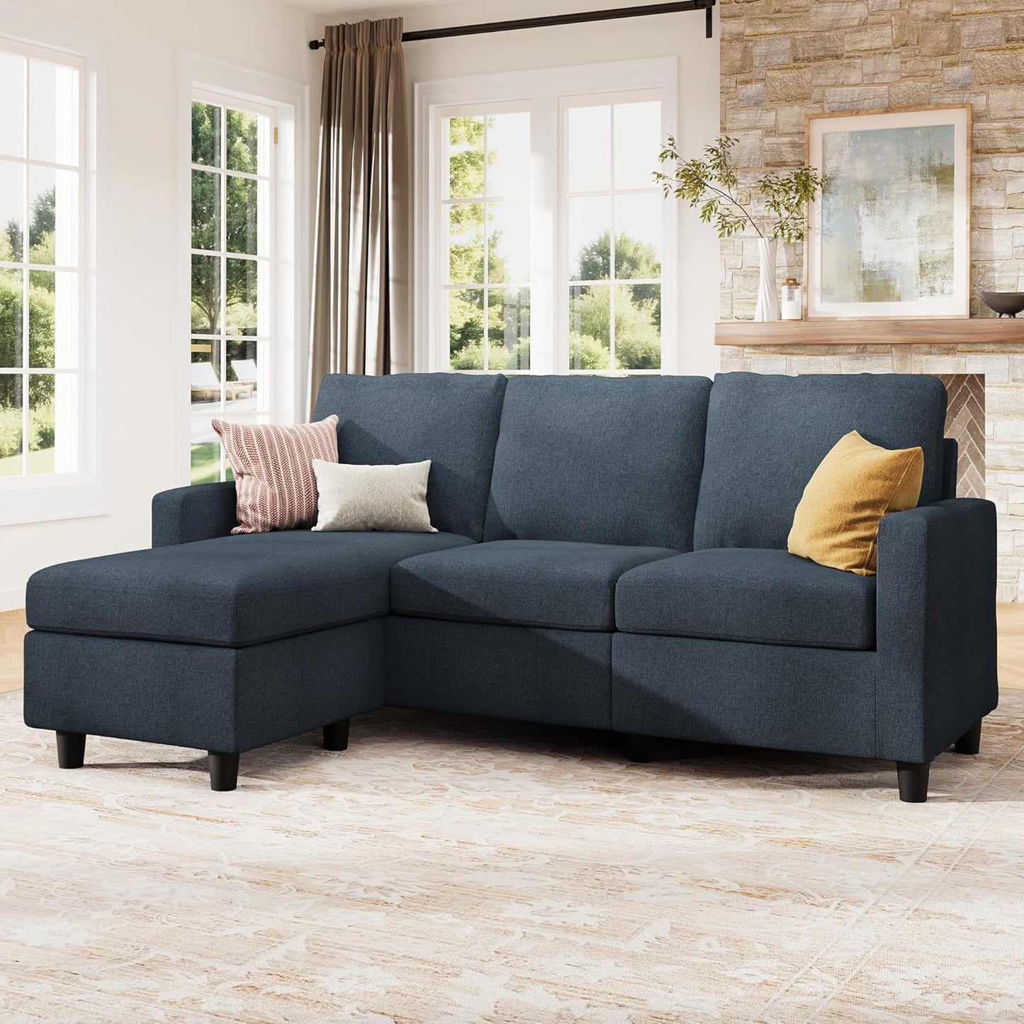 HONBAY L Shaped Couch with Linen Fabric,Convertible, Reversible Sectional Sofa for Small Space, Dark Beige