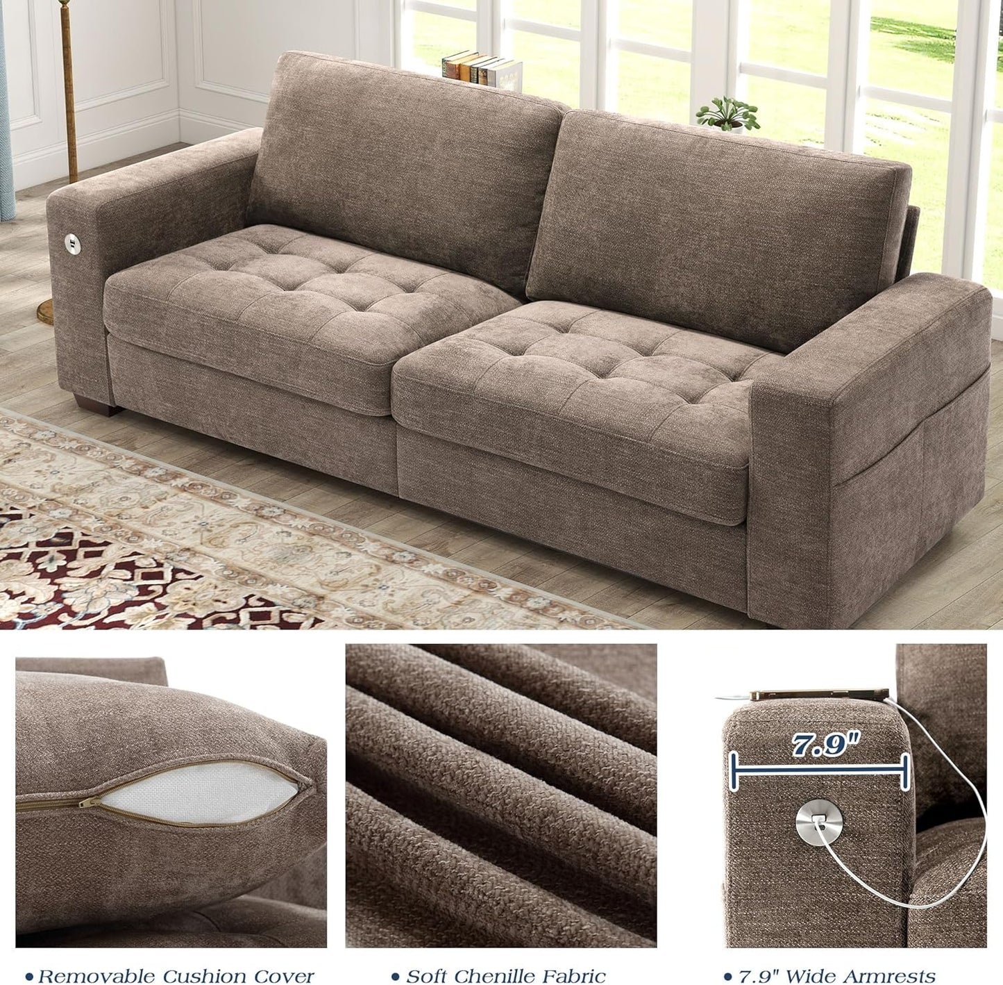 Sofas for Living Room, Chenille Loveseat Couch Set, Small Sofa, 3 Seater Sofa, USB Charging, Removable Sofa Cover,Solid Wood Frame, Easy to Install(89inch,Brown)