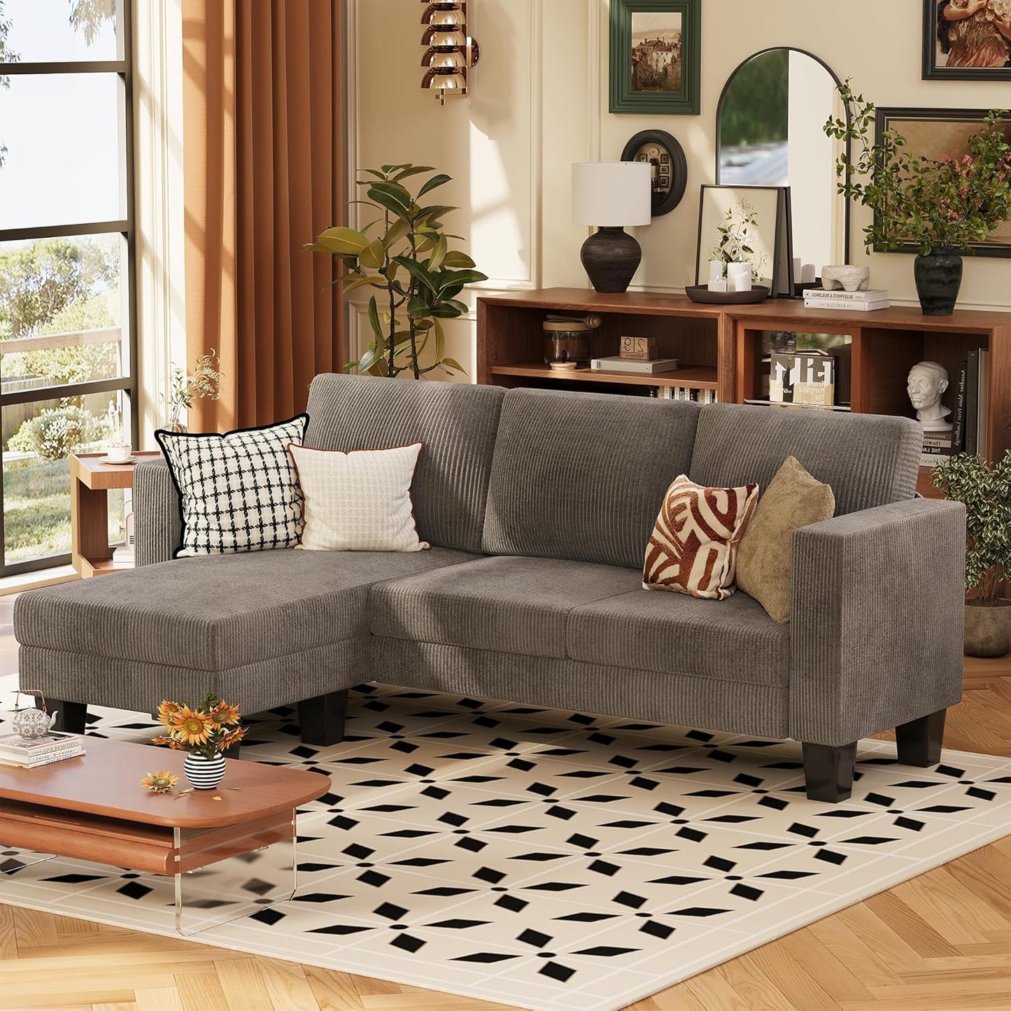 VICTONE Convertible Sectional Sofa Couch, 3 Seat L-Shaped Sofa with Linen Fabric Ottoman Small Couch for Small Apartments, Living Room and Office (Linen Fabric, Dark Gray)