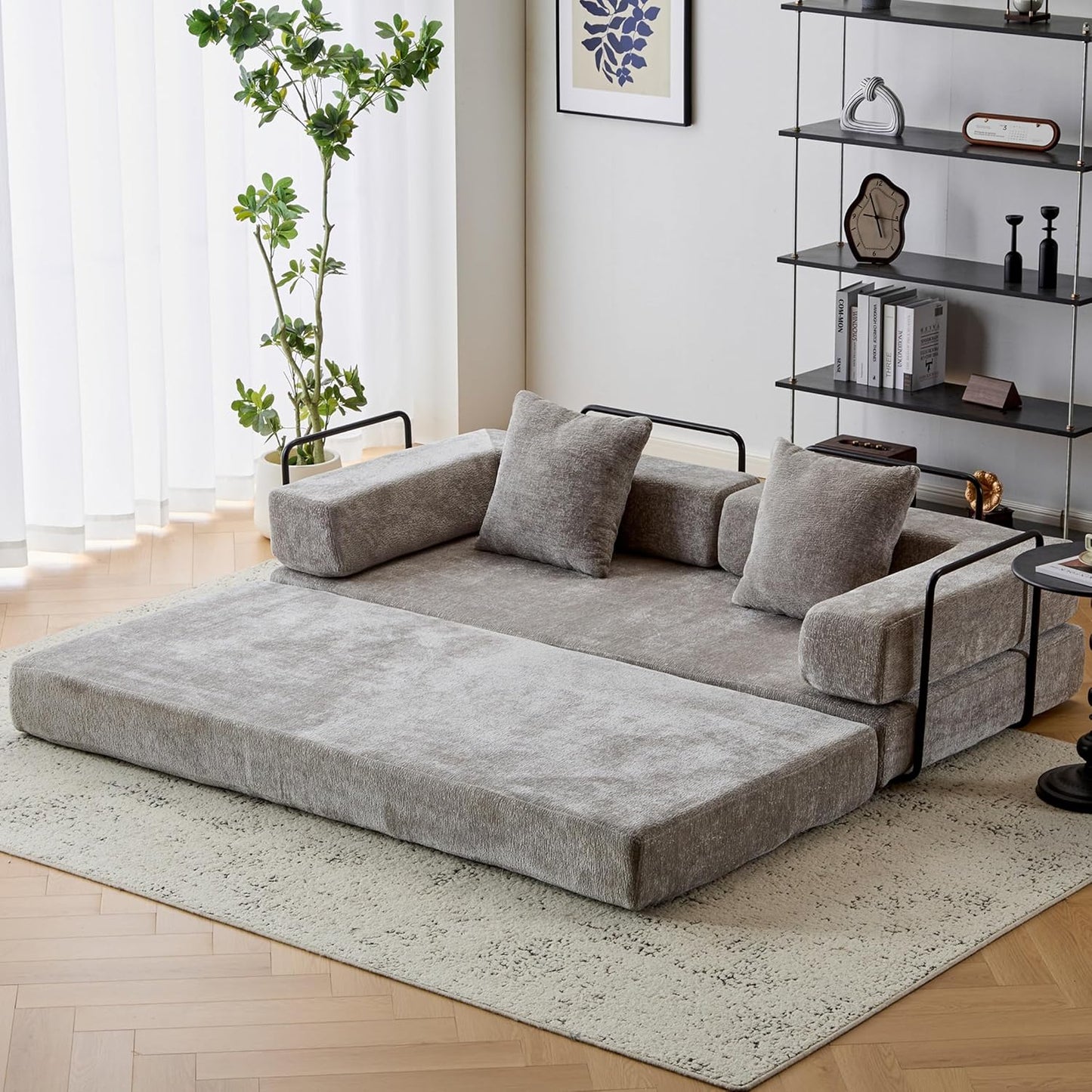Convertible Sleeper Sofa Bed with Cylindrical Pillow, Corduroy Folding Mattress Couch with Fixed-Shape Frame, Floor Sofa Lounge Couch for Living Room Bedroom Lounge Studio-Green