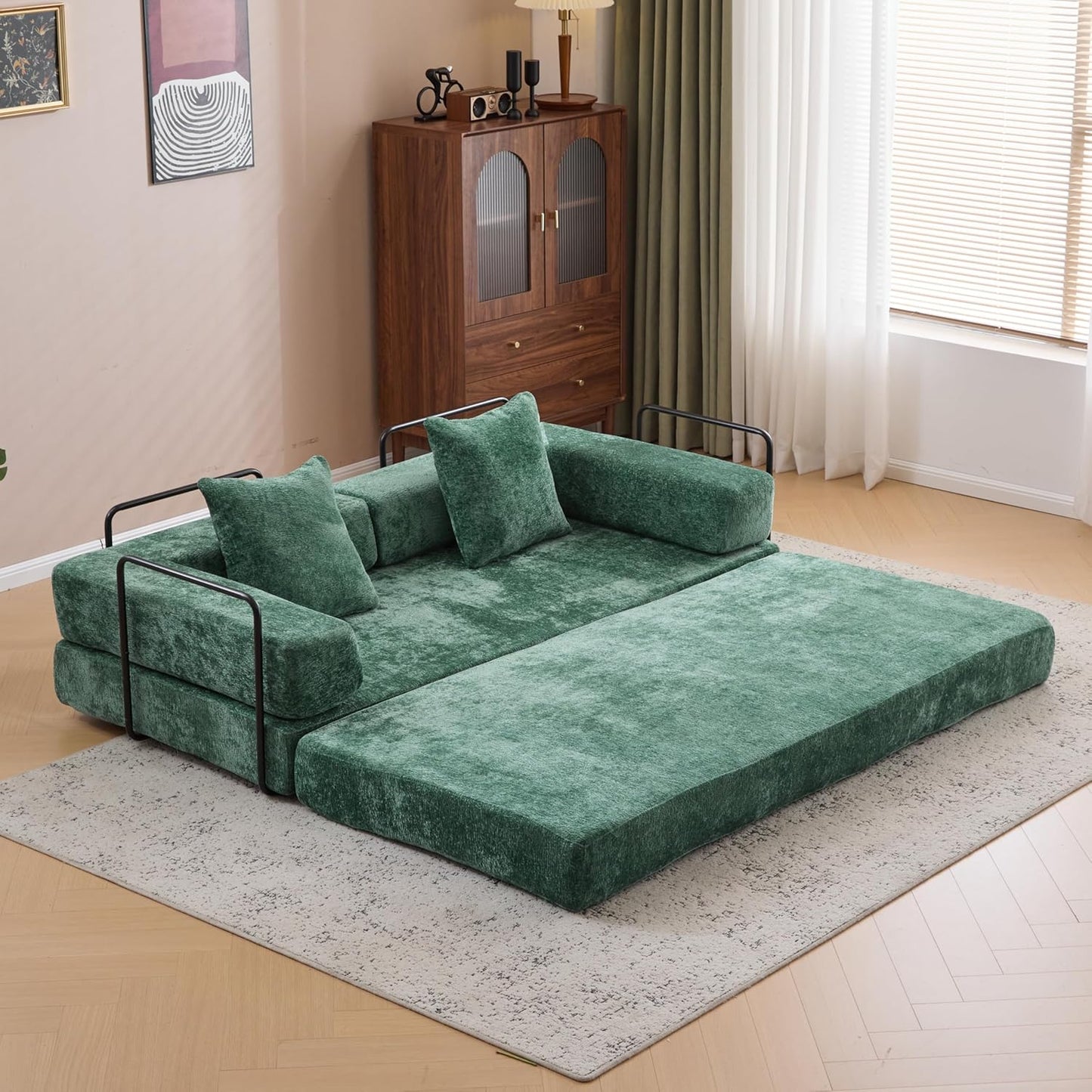 Convertible Sleeper Sofa Bed with Cylindrical Pillow, Corduroy Folding Mattress Couch with Fixed-Shape Frame, Floor Sofa Lounge Couch for Living Room Bedroom Lounge Studio-Green