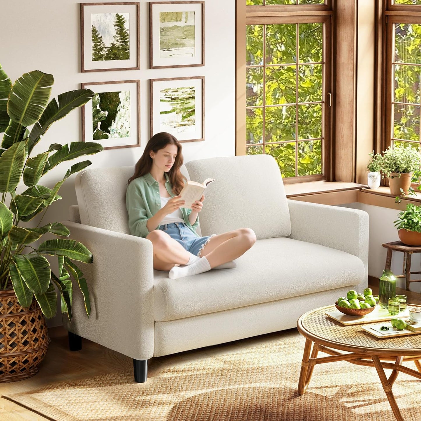 83" Sofas for Living Room, Comfy Love Seat Couches, Teddy Fleece Loveseat Sofa, Tool-Free Setup Couches for Living Room, All-Wood Sofa Couch, Small Couch 2 Pillow Included, Beige