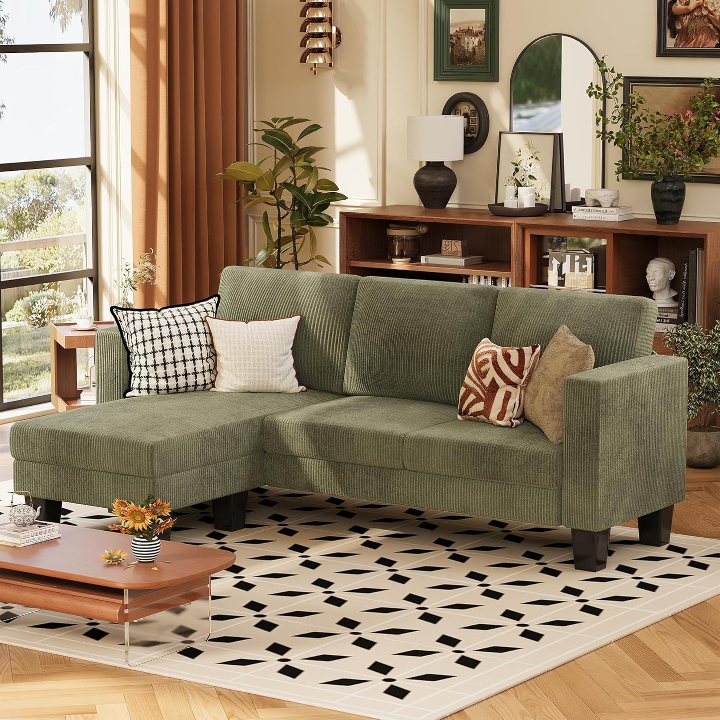 VICTONE Convertible Sectional Sofa Couch, 3 Seat L-Shaped Sofa with Linen Fabric Ottoman Small Couch for Small Apartments, Living Room and Office (Linen Fabric, Dark Gray)