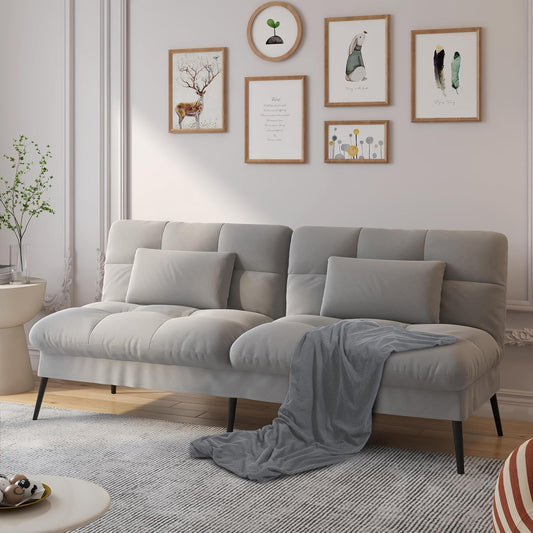 COMHOMA Convertible Sofa Bed,68″Fabric Couch with Adjustable Backrest,Loveseat Recliner Sleeper Living Room Furniture futon Set (Grey)