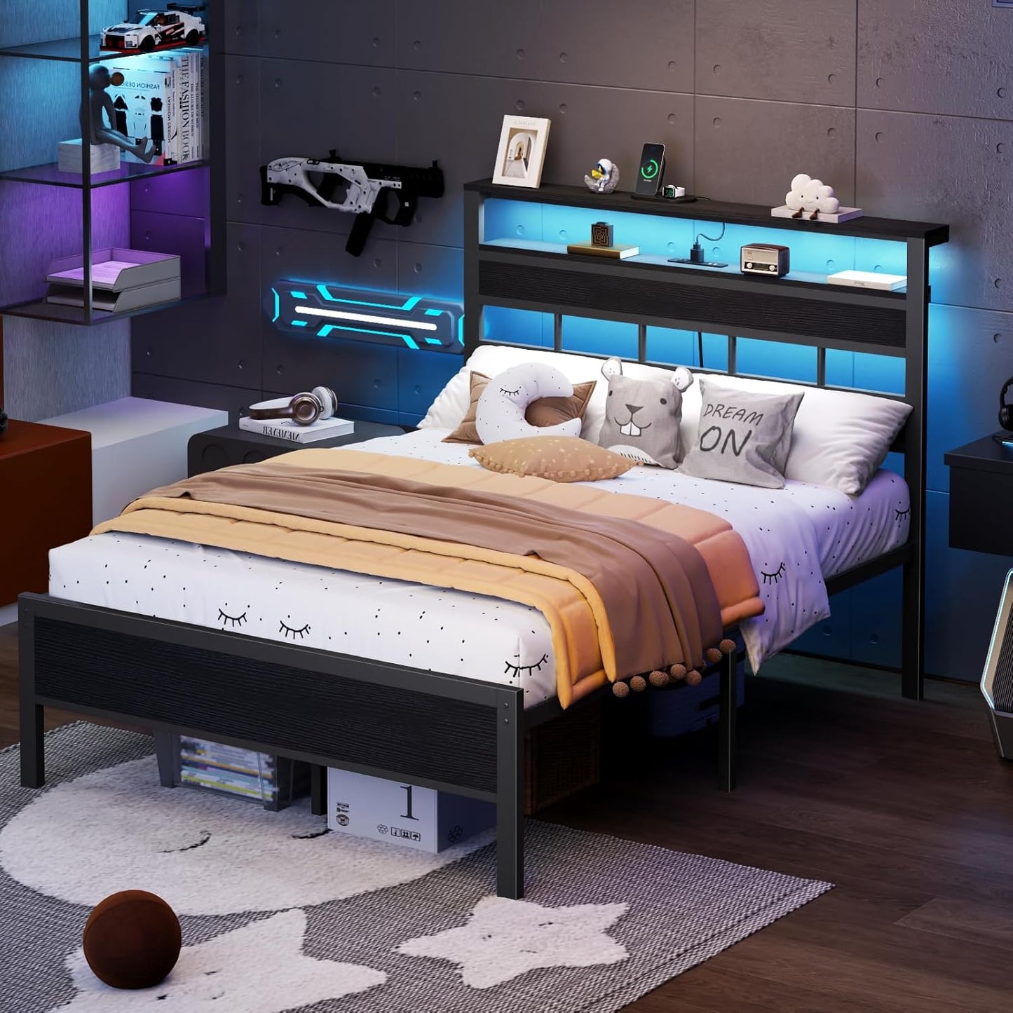 Furnulem Full Size Bed Frame with LED Light and Charging Station, Wood Storage Headboard with 2-Tier Shelves, Metal Platform Bed with Heavy Duty Slats Support, No Box Spring Needed, Black Oak
