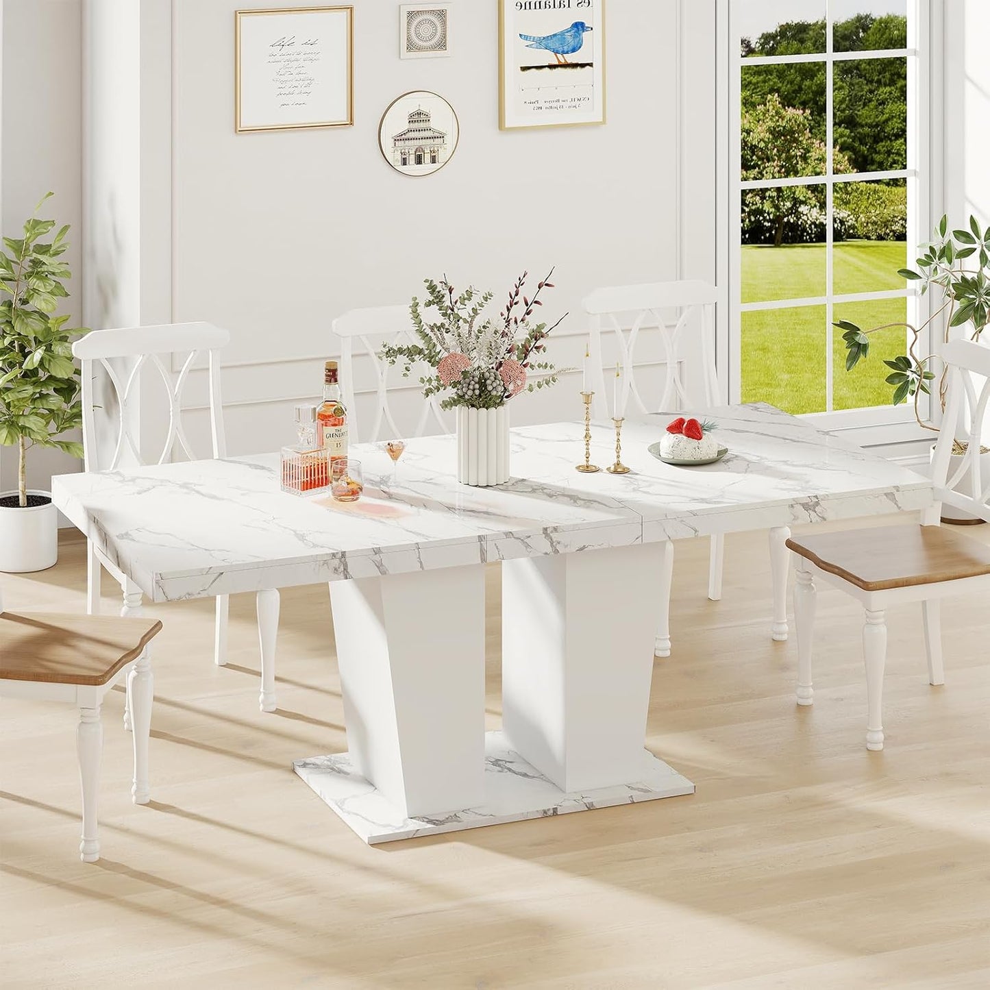 63"-78.7" Expandable Dining Table, 6-10 Farmhouse Kitchen Table, Extendable Dining Table, Rectangular Kitchen Table with Metal Track, Tapered U-Shaped Legs for Dining Room, Office-Oak