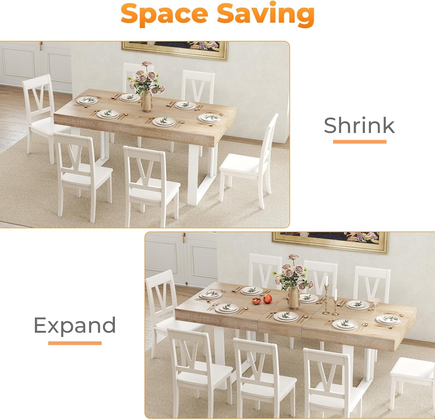 63"-78.7" Expandable Dining Table, 6-10 Farmhouse Kitchen Table, Extendable Dining Table, Rectangular Kitchen Table with Metal Track, Tapered U-Shaped Legs for Dining Room, Office-Oak