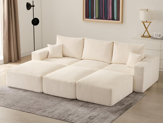 Sectional Cloud Boneless Sofa Bed Couches for Living Room-113'' Beige 3 Seater Modern Lounge Sleeper Couch-No Assembly-Modular Corduroy Convertible Sponge Compression Sofas with Chaise for Home House