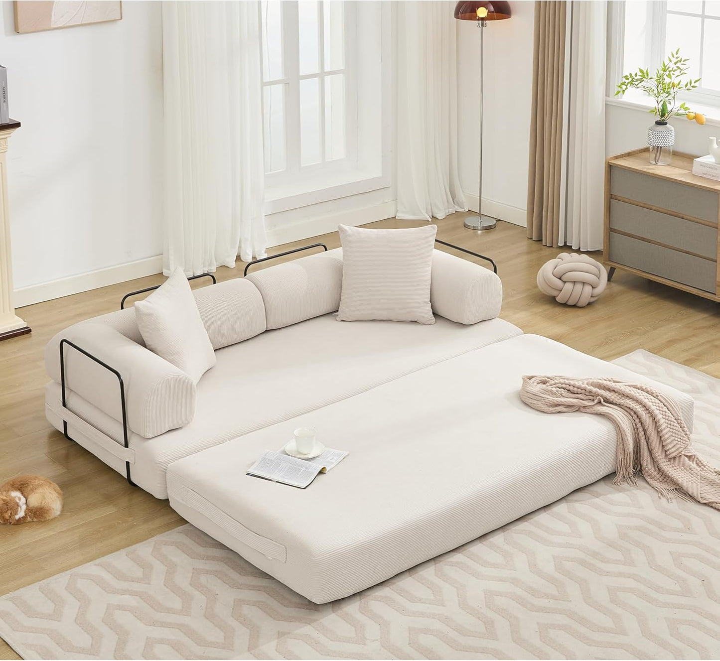 Convertible Sleeper Sofa Bed with Cylindrical Pillow, Corduroy Folding Mattress Couch with Fixed-Shape Frame, Floor Sofa Lounge Couch for Living Room Bedroom Lounge Studio-Green