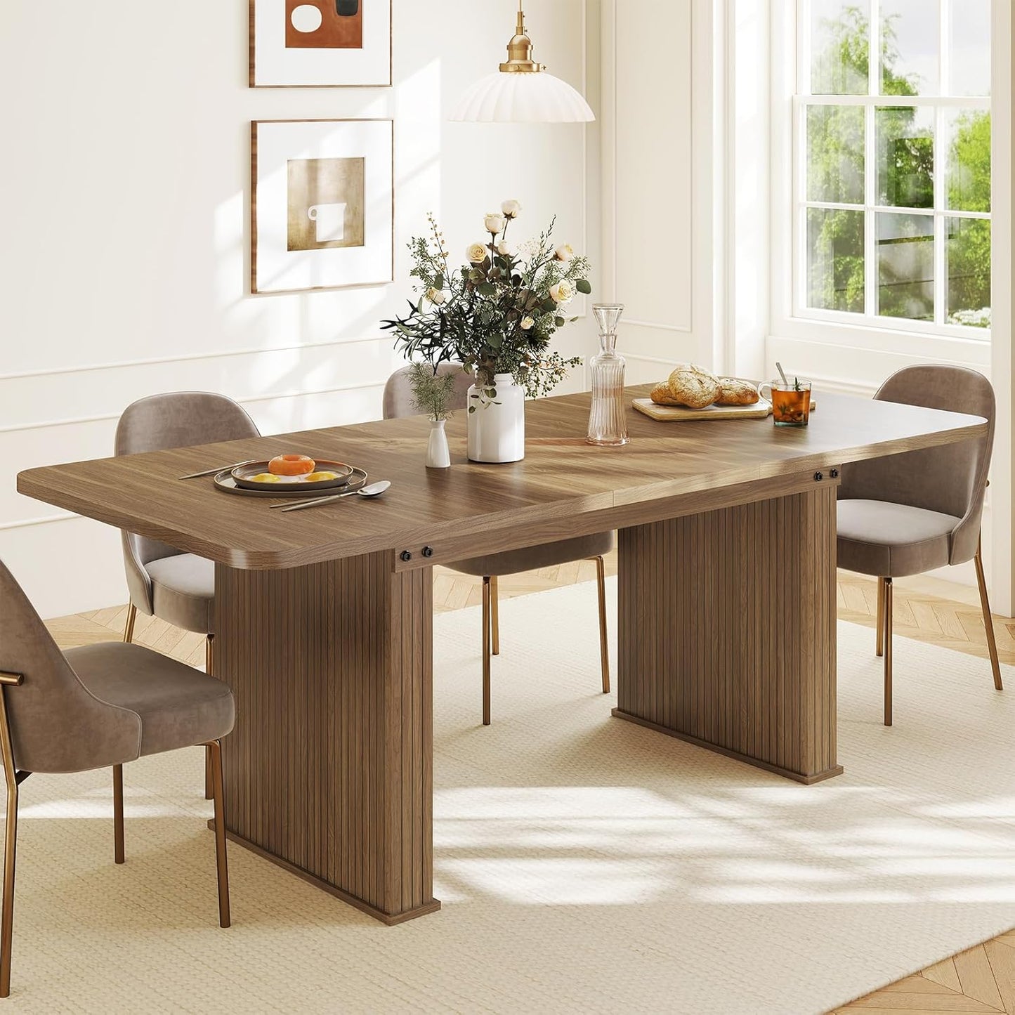 63"-78.7" Expandable Dining Table, 6-10 Farmhouse Kitchen Table, Extendable Dining Table, Rectangular Kitchen Table with Metal Track, Tapered U-Shaped Legs for Dining Room, Office-Oak