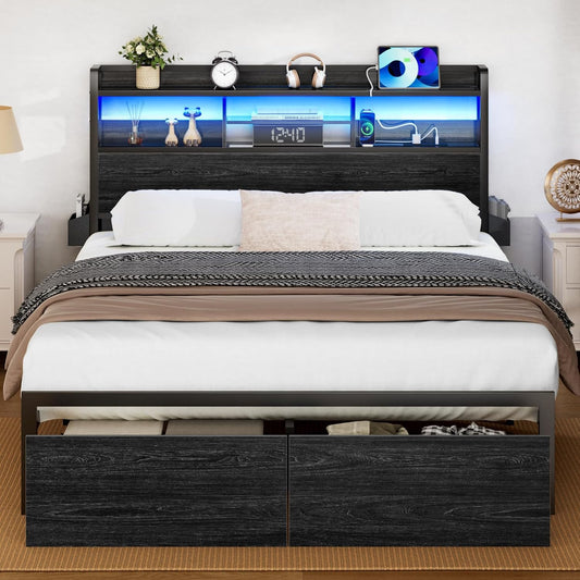 Furnulem Full Size Bed Frame with Wood Headboard, Metal Platform Bed Frame Full Size with Storage Drawers and Shelf, LED Lights and Charging Station, No Box Spring Needed, Noise Free, Black