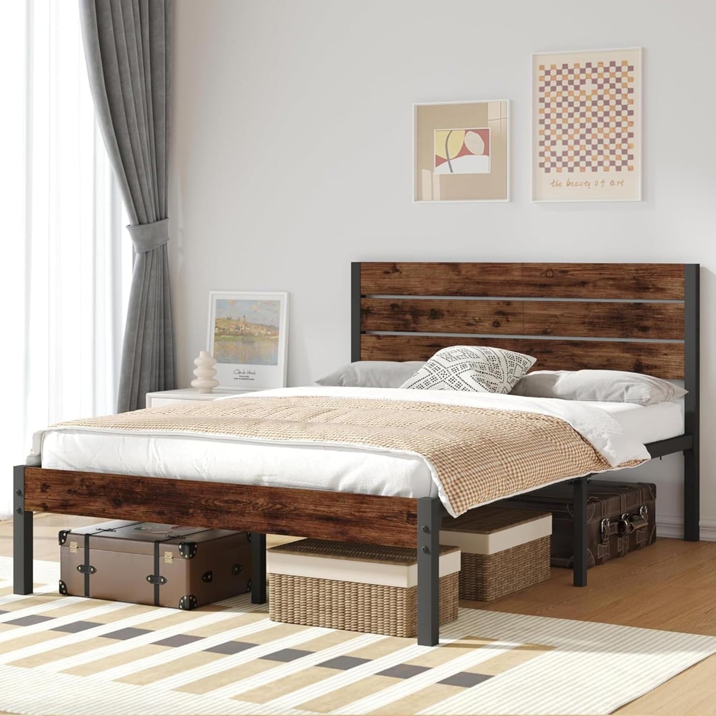 Full Bed Frame with Headboard and Footboard, Metal Full Bed Frame with Under Bed Storage, All-Metal Support System, No Box Spring Needed, Easy Assembly,Rustic Brown