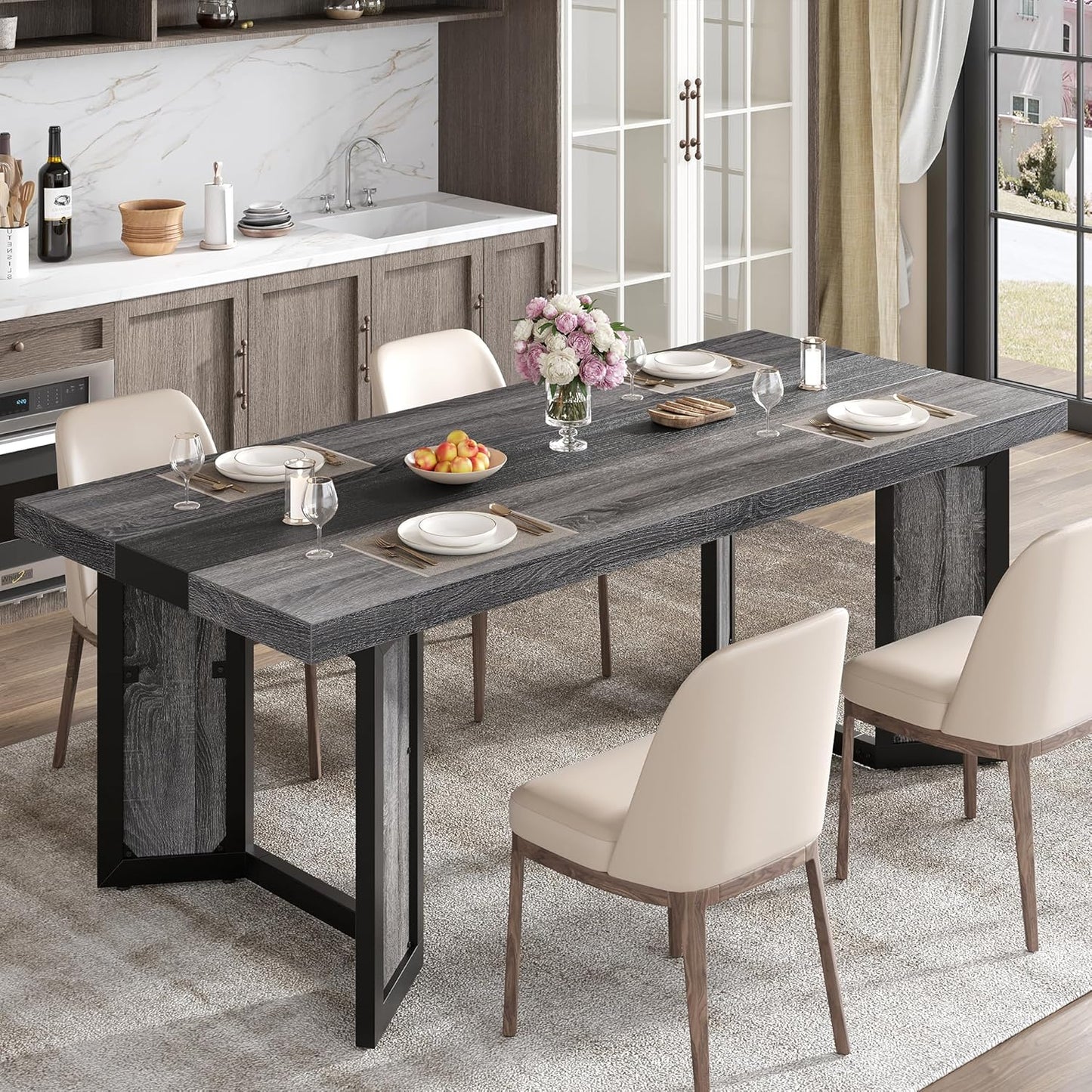 Industrial Dining Table for 6-8 People, 71" Large Long Wooden Kitchen Table with Sturdy Metal Frame & Brown Finish, Rustic Style Rectangular Dinner Table for Dining Room, Kitchen (Vintage Brown)