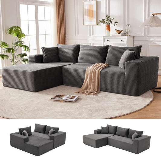 110” Cloud Sectional Couch, Boneless Sofa for Living Room, Modular Sectional Sofa with Deep Seat, Comfy Fluffy Couch with L-Shaped Chaise, No Assembly Required (Left-Facing Chaise, Dark Grey)