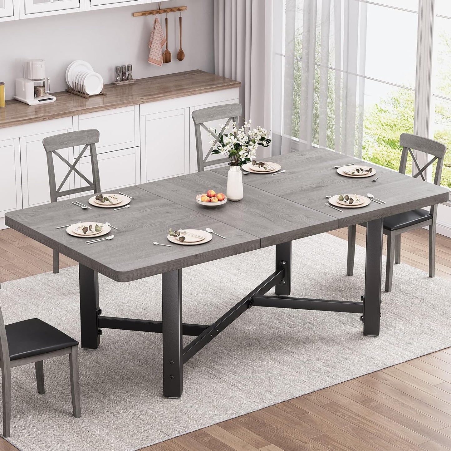 Dining Table for 4-6, 62“Extendable Kitchen Dining Room Table, Space Saving Rectangle Large Expandable Wood Dinner Furniture for Small Space, Brwon