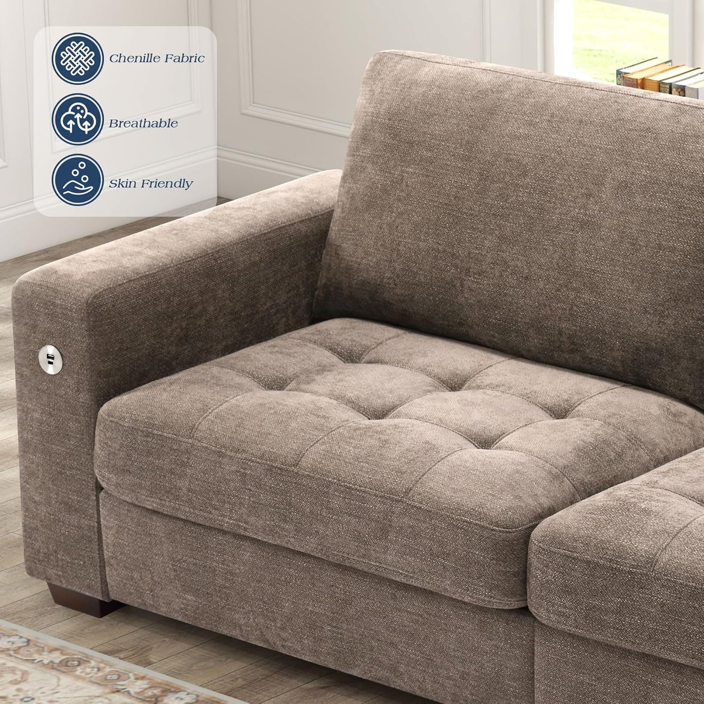 Sofas for Living Room, Chenille Loveseat Couch Set, Small Sofa, 3 Seater Sofa, USB Charging, Removable Sofa Cover,Solid Wood Frame, Easy to Install(89inch,Brown)