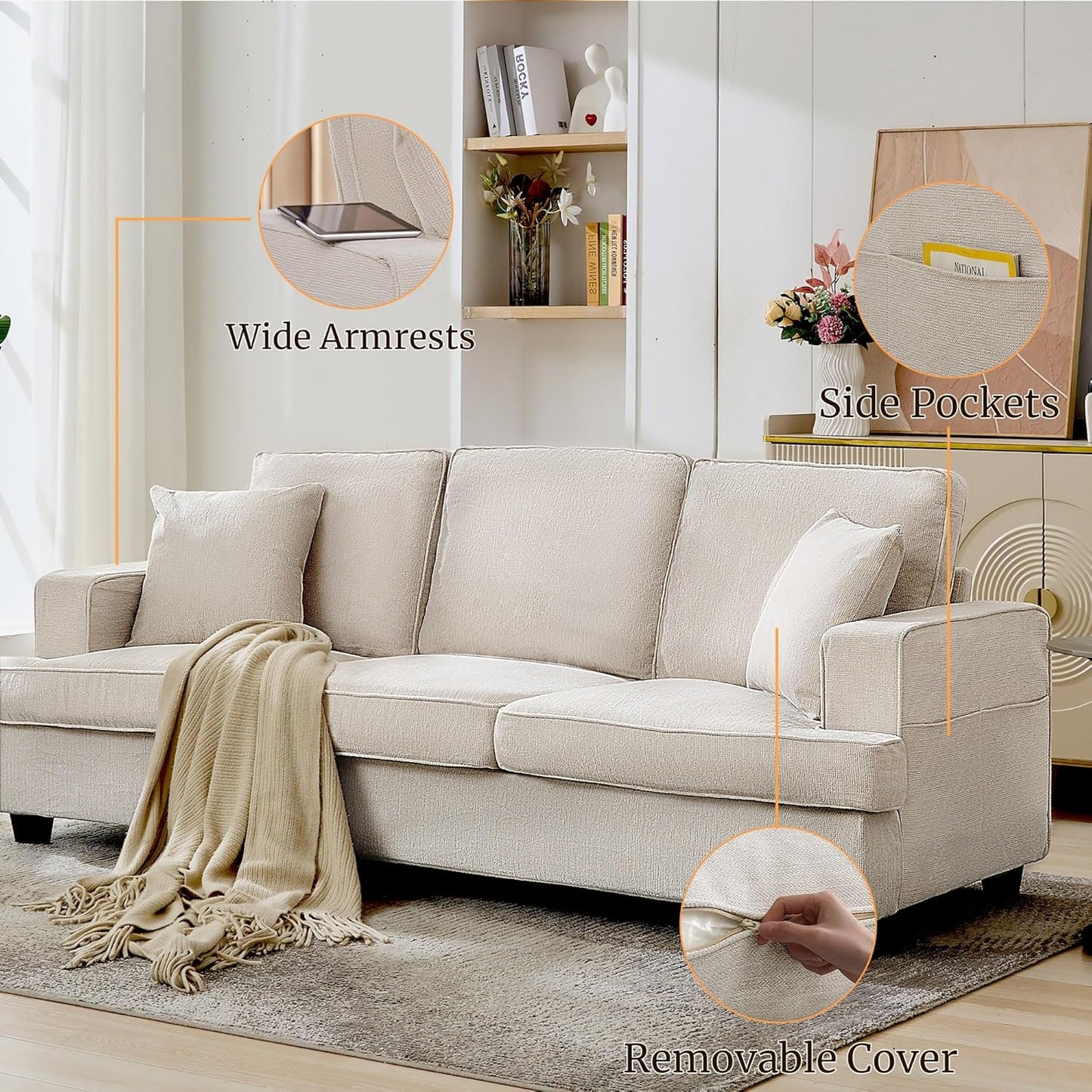 89" Couch Sofa for Living Room, Modern Sofa Loveseat with Comfy Extra Deep Seat, Comfortable Sofa Mid-Century 3-Seater Couch for Bedroom Office Home Apartment Lounge, Beige